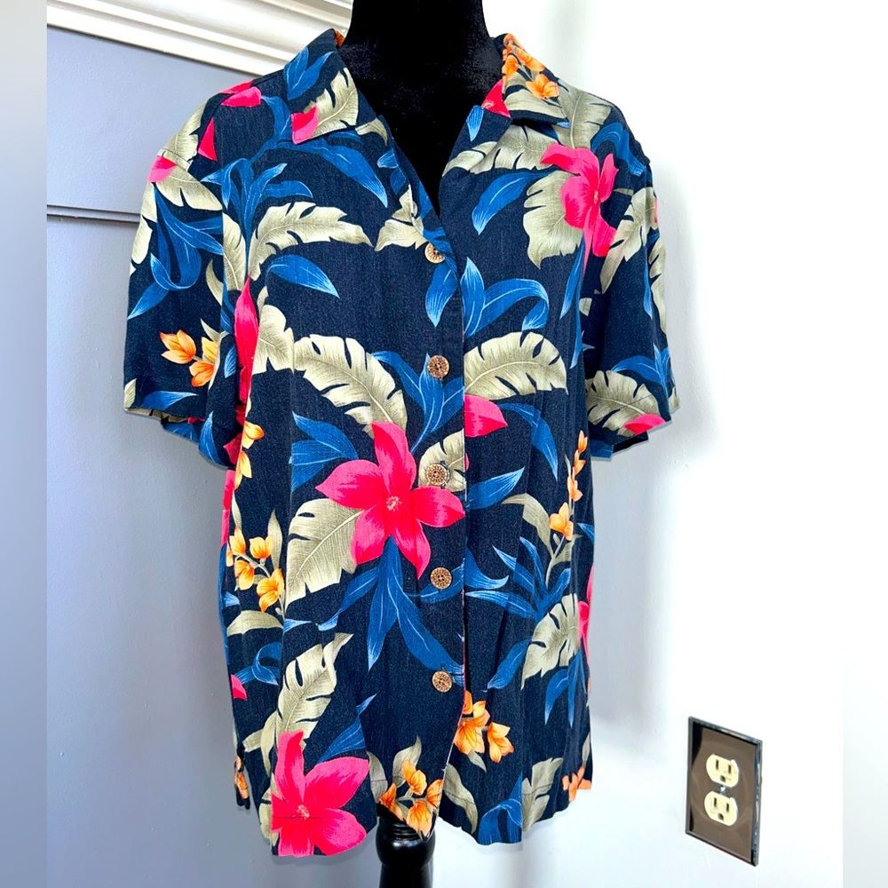 Vtg CARIBBEAN JOE Womens Hawaiian Camp Button Up Floral Large Shirt Aloha Top
